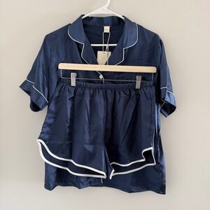 Cheibear Womens Navy Blue Satin Pajama Set Short Sleeve Button Down Shorts M NEW